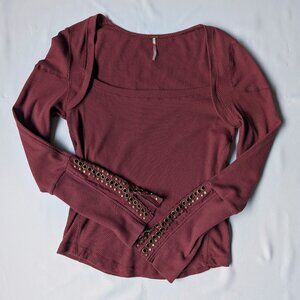 Free People A Little Unruly Thermal Top Studded Sleeve Long Sleeve Square neck L